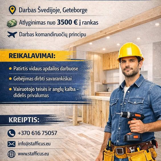 IEŠKOME VIDAUS APDAILININKŲ-STALIŲ DARBUI ŠVEDIJOJE (GETEBORGO REGIONAS)
