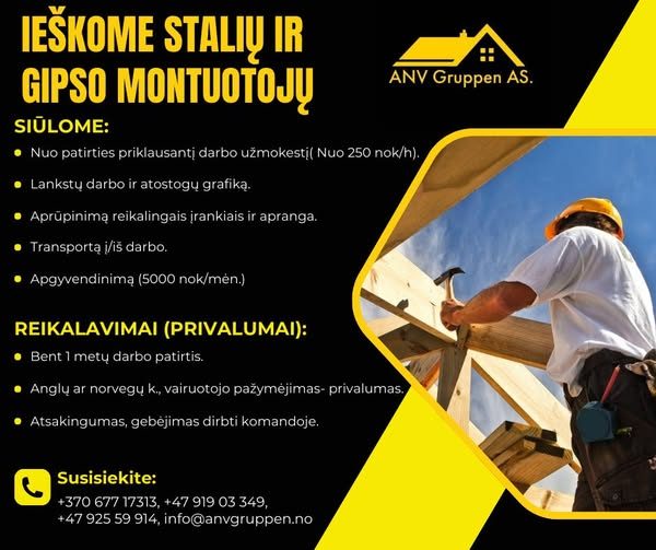 Siūlome darbą statybininkams Norvegijoje